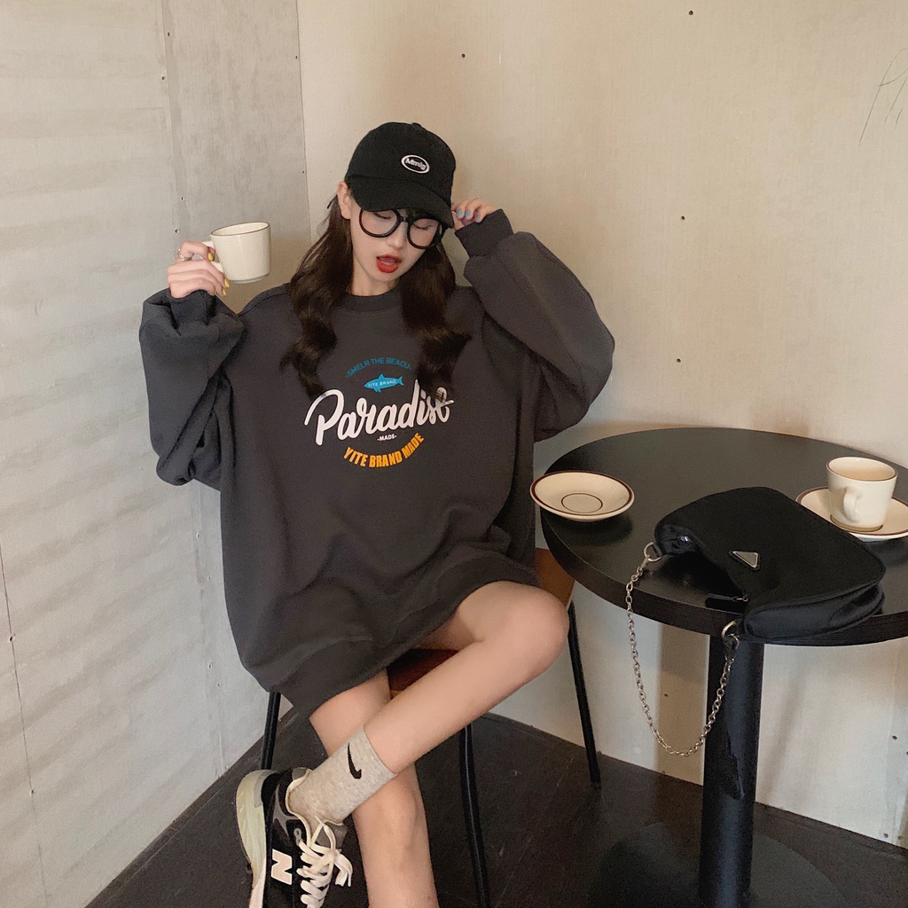 Áo thun tay dài cổ tròn dáng rộng in họa tiết thời trang mùa thu phong cách Hàn Quốc