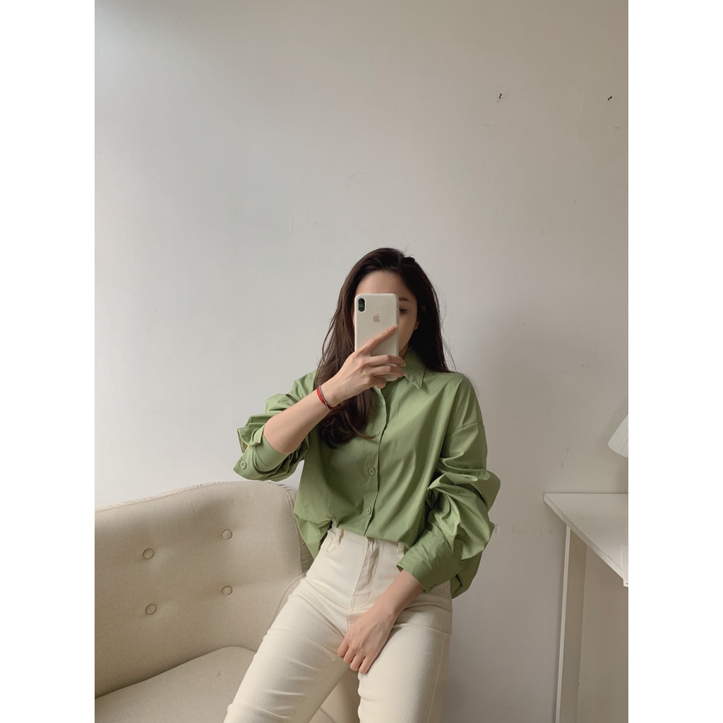 Áo sơmi trơn thô mềm SM-9917, sơ mi dáng rộng nữ