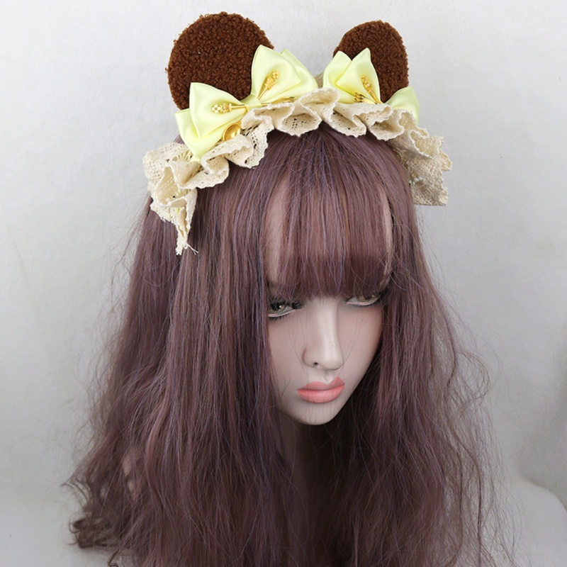 Băng Đô Tai Gấu Bông Nhún Bèo Phối Ren Phong Cách Lolita Nhật Bản