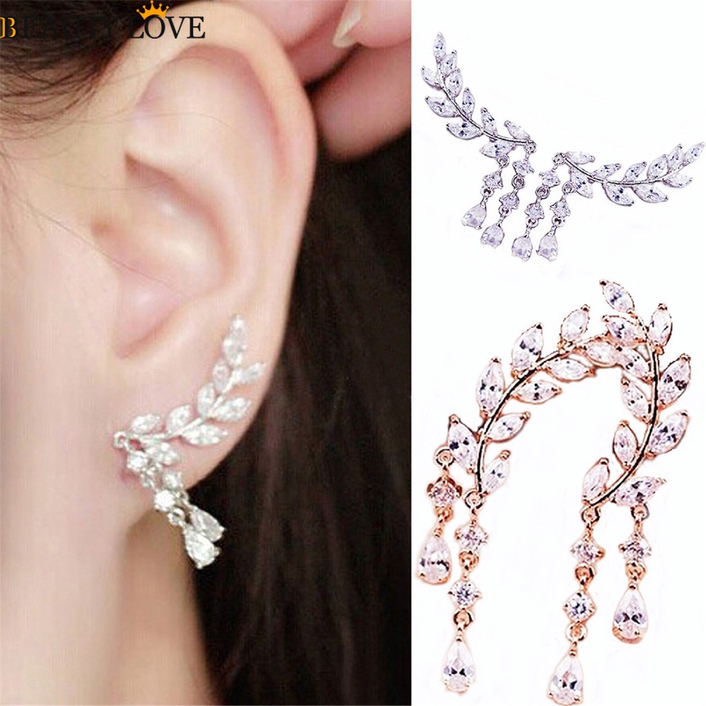 1 Đôi Bông Tai Mạ Vàng Bạc Hình Chiếc Lá Đính Đá Zircon Dành Cho Nữ
