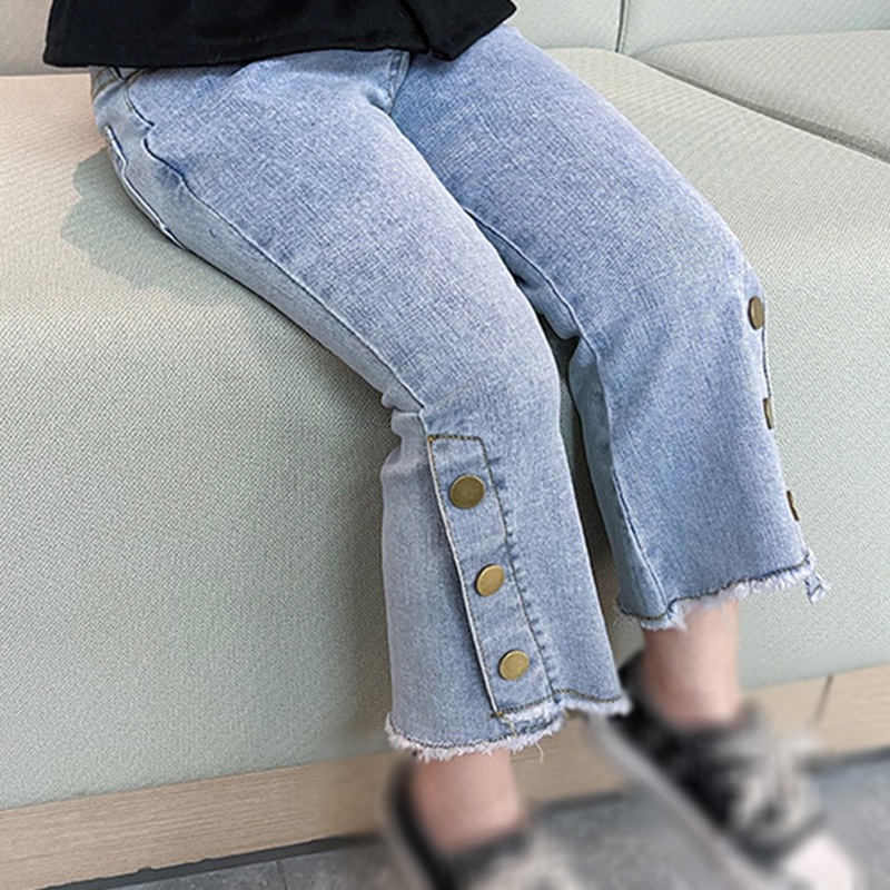 Quần jeans lưng thun ống loe phối túi dễ thương cho bé gái 3-8 tuổi
