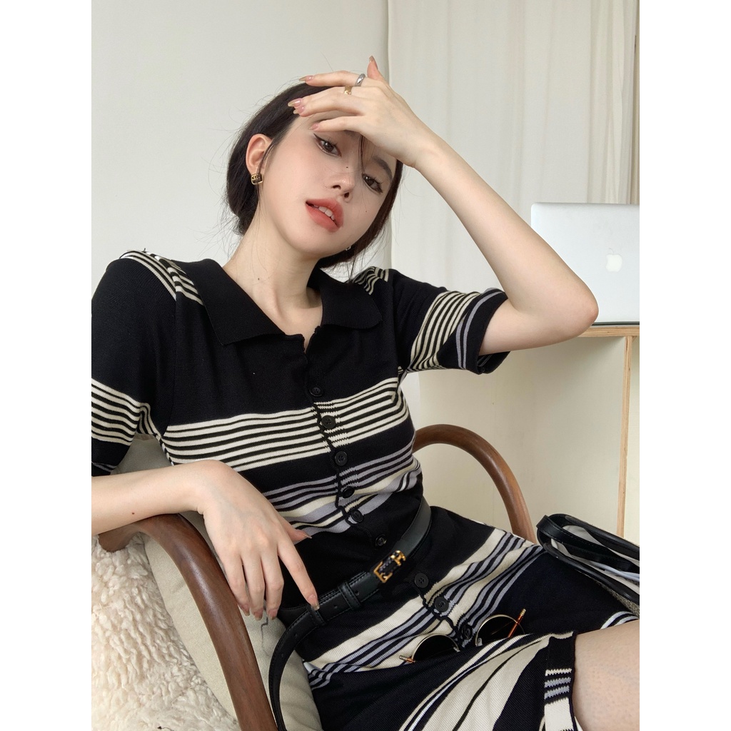 Đầm Dệt Kim Dáng Dài Cổ polo Họa Tiết Kẻ Sọc Phong Cách Pháp Cao Cấp