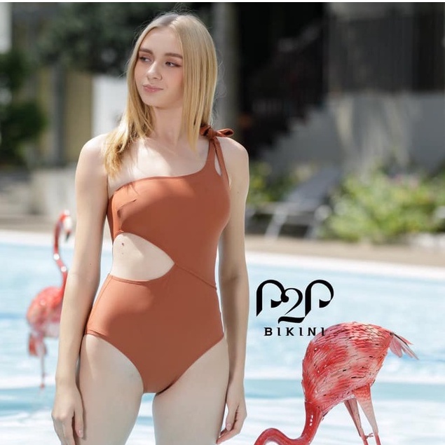 P2P BIKINI - Đồ bơi một mảnh lệch vai cột nơ cut out cam đất - MN370M_LV