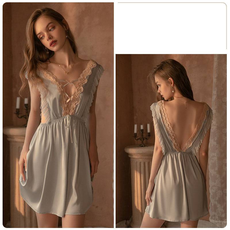 Bộ Đồ Ngủ Hai Dây Hở Lưng Phối Bèo Phong Cách Pháp Quyến Rũ Cho Nữ