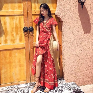 Váy boho tay ngắn dáng dài siêu xinh / Đầm boho đỏ đi biển