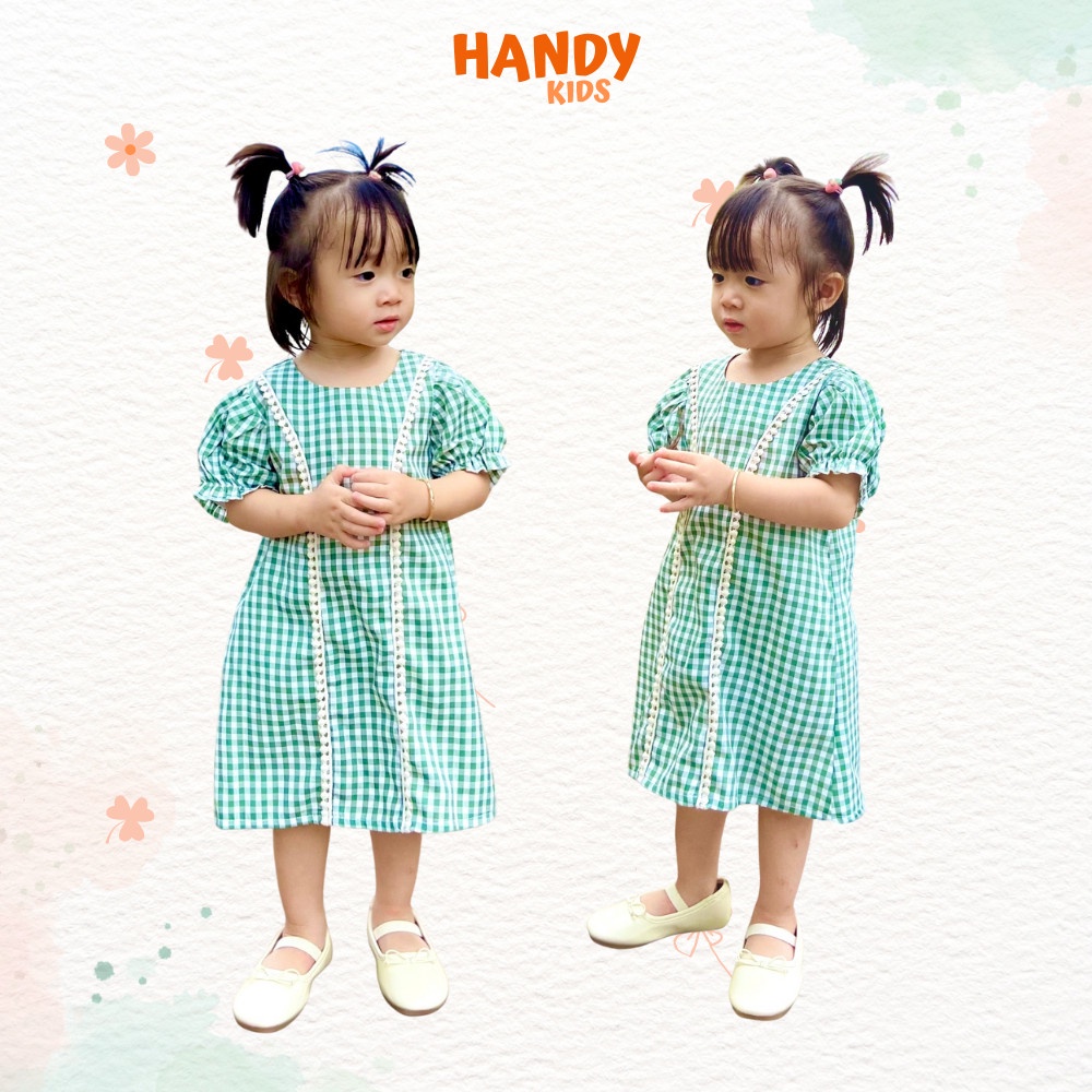 Đầm váy caro xanh dáng A phối ren bi xinh cho bé- Handykids