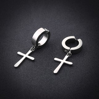 Bộ 2 bông tai thánh giá màu trắng nam không bấm lỗ bông tai kẹp