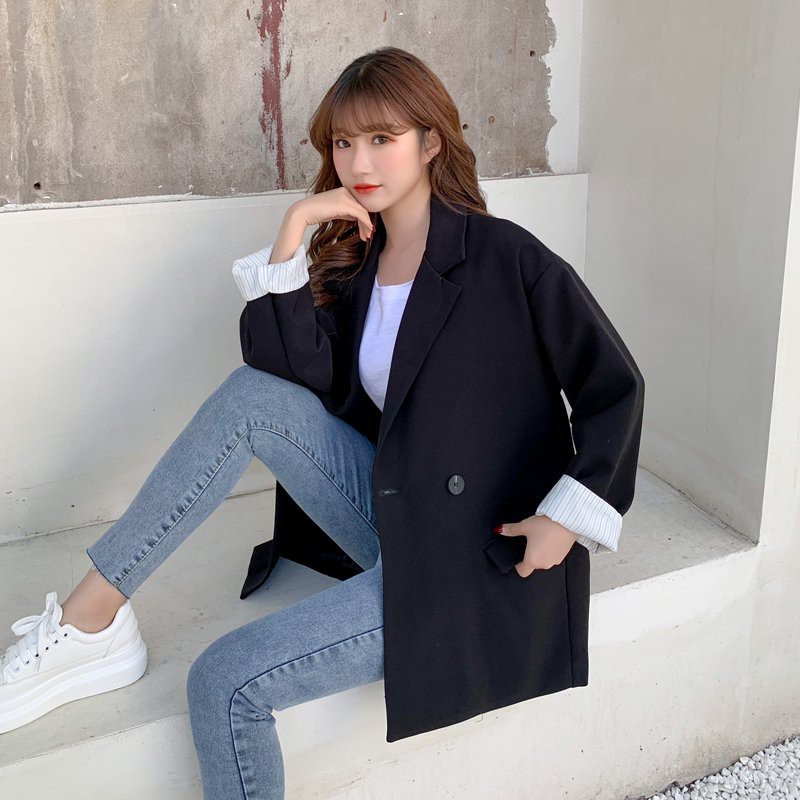 ÁO BLAZER ĐEN PHỐI TAY SỌC BASIC OVERSIZE KOREAN STYLE - AK055 | BigBuy360 - bigbuy360.vn