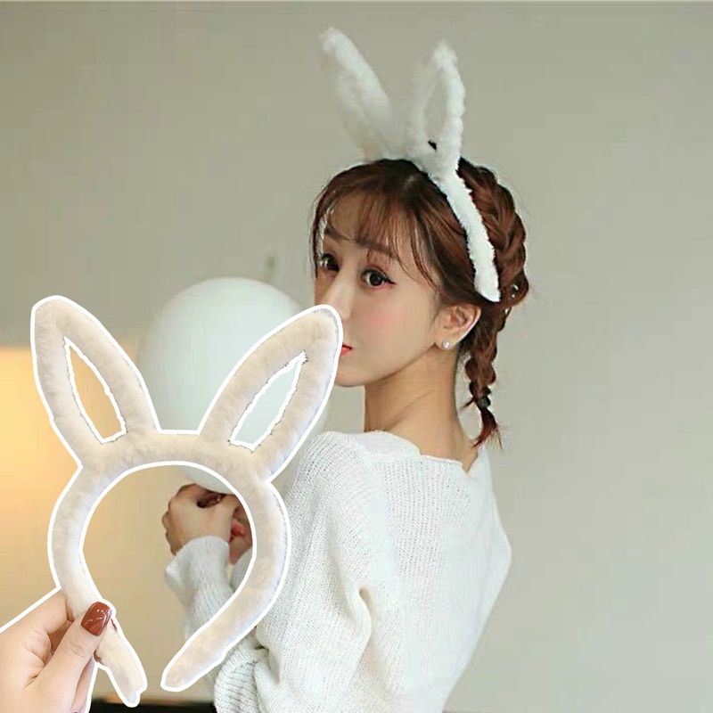 Băng Đô Cài Tóc Phối Lông Màu Trơn Không Trượt Hình Tai Thỏ Dễ Thương Cho Nữ