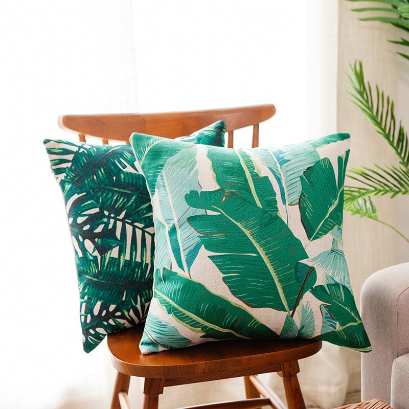 Gối tựa lưng sofa 45x45cm gối văn phòng dày dặn Nhà Xinh Decor trang trí vải bố canvas lá nhiệt đới xanh lá