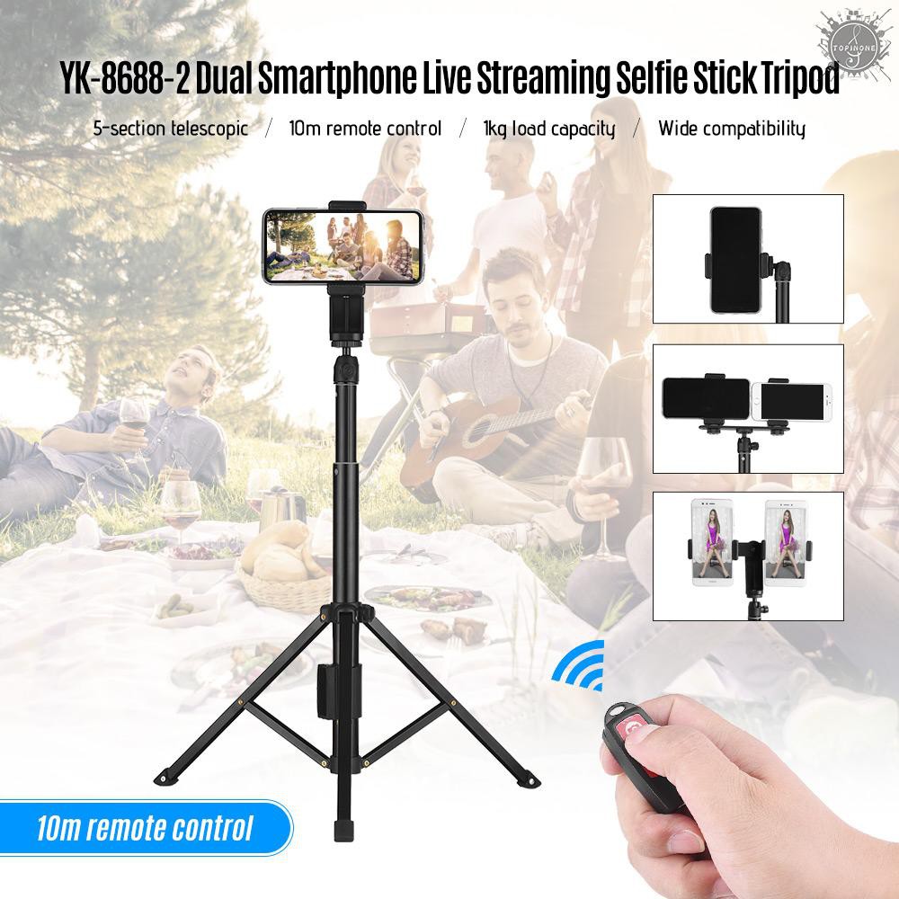 ♥TO♥ Dual Smartphone Live Streaming Tabletop Tripod  Aluminum Alloy 5-Section Selfie Stick with Phone Remote Controller