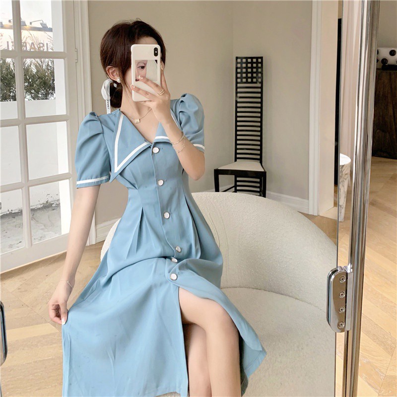 Đầm Dài Tay Phồng Cổ Chữ V Thời Trang Mùa Hè Cho Nữ Váy
