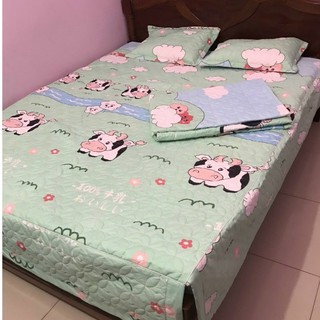 Bộ Ga Phủ Trần Bông 4 Món Vỏ Chăn Lồng Được Ruột MẪU BÒ SỮA XANH Đáng yêu Cho Trẻ Em