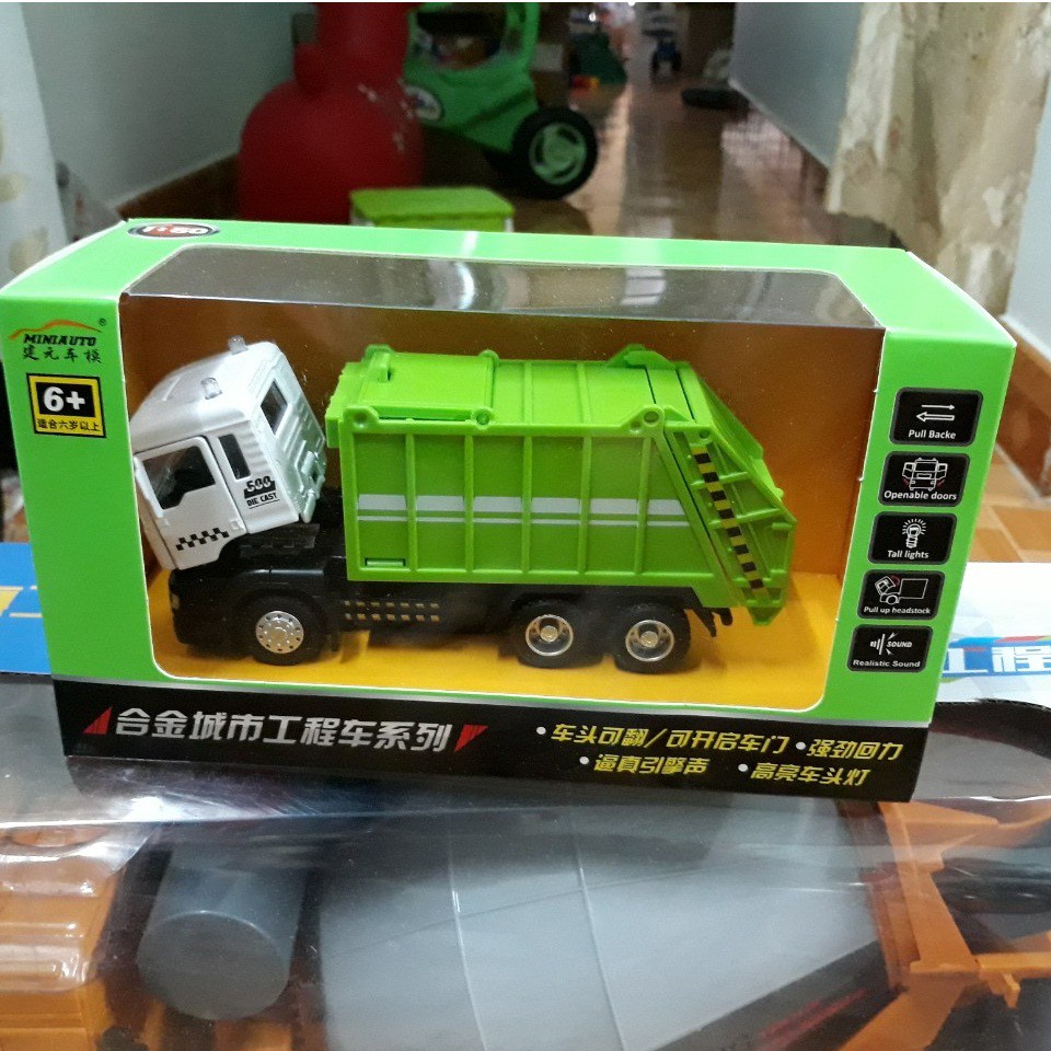 Xe ô tô chở rác bằng hợp kim nhựa mô hình tỉ lệ 1:50 có âm thanh và đèn đồ chơi trẻ em
