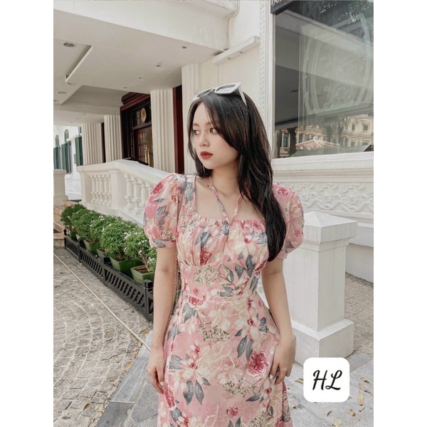 Váy hoa midi vải voan tơ siêu tôn dáng