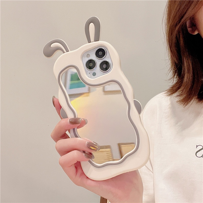 Ốp Điện Thoại Silicon Mềm Tích Hợp Gương Trang Điểm Hình Tai Thỏ 3D Dễ Thương Cho OPPO A54 A55 A5 A9 2020 A12E A3s Reno 7Z 6 5 Pro