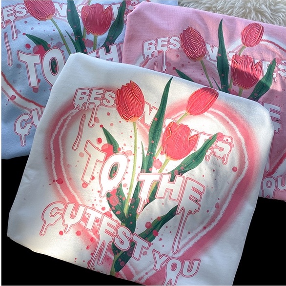 Áo thun ZHELIHANGFEI tay ngắn dáng rộng in hình hoa tulip dễ phối đồ thời trang cho nam nữ