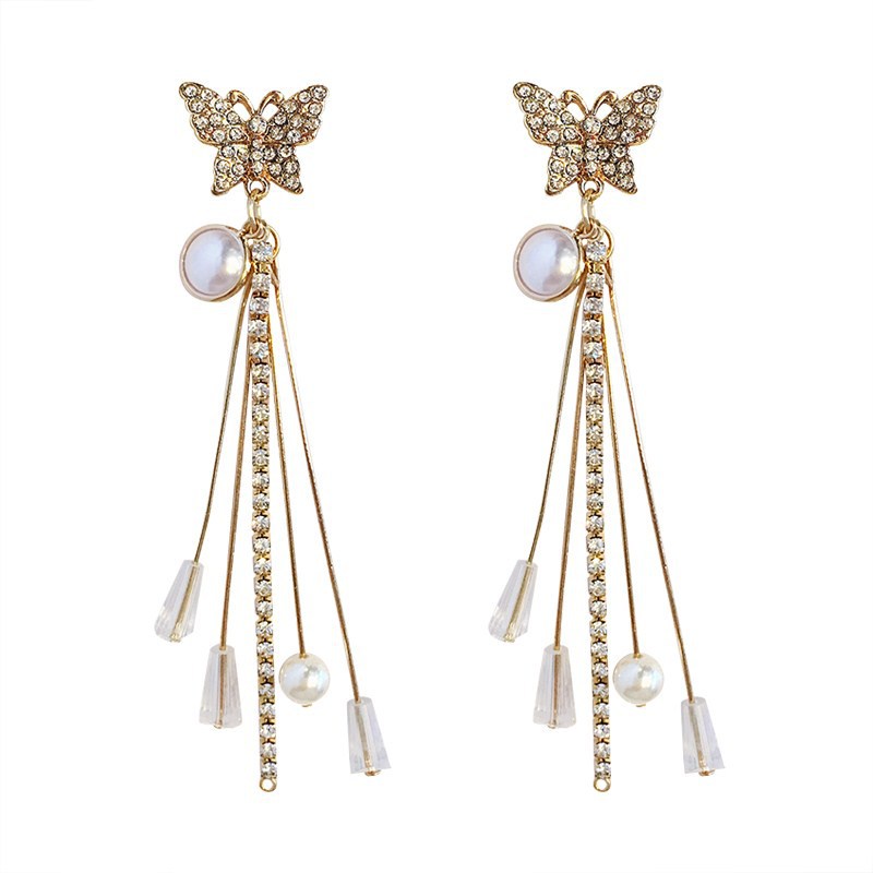 Bông Tai Dáng Dài Phối Tua Rua Hình Bướm Phong Cách Cổ Điển Thời Trang Dự Tiệc Cưới