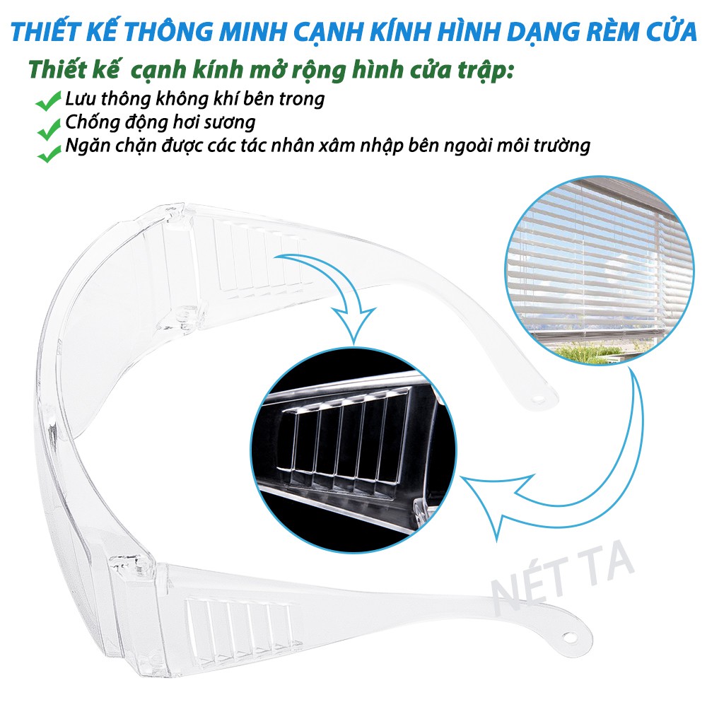 Kính bảo hộ trong suốt bảo vệ mắt ngăn chặn giọt bắn, che chắn gió bụi chống tia UV