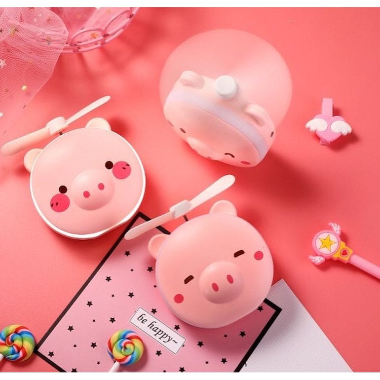 Quạt Mini kèm gương và đèn LED lợn hồng đáng yêu