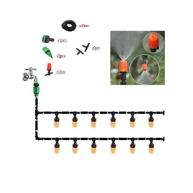 Bộ tưới phun sương 12 đầu tưới 1 hướng tưới lan, làm mát điều chỉnh được vòi đầu béc tưới màu cam
