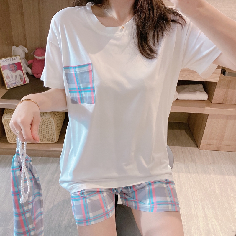 summer women white short-sleeved T-shirts and plaid shorts sleepwear set 2 pieces included cloth bag M-XXL | BigBuy360 - bigbuy360.vn