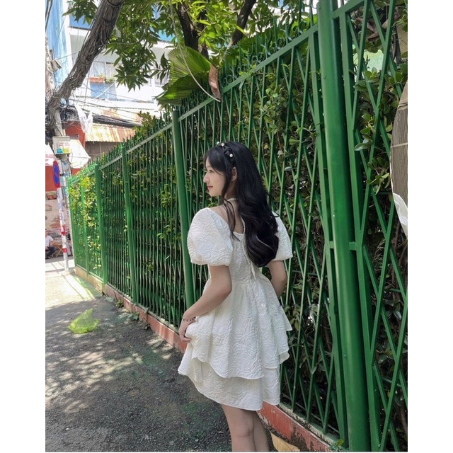 Váy Xốp Cổ Yếm Dáng Xoè 2 Tầng Ulzzang Hàn Quốc, Đầm Nữ Dự Tiệc Màu Trắng Sang Trọng