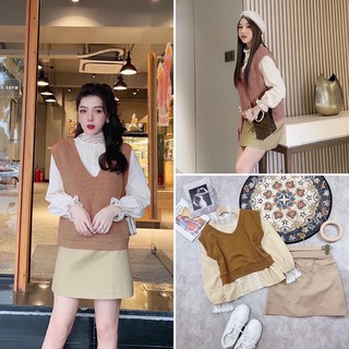 S557 Set 3 Món Mix Áo Gile Len Tăm Và Áo Sơ Mi Cổ Ren Dài Tay , Chân Váy Kaki Dáng Ngắn Có Quần Lót , Tách Set Thoải Mái