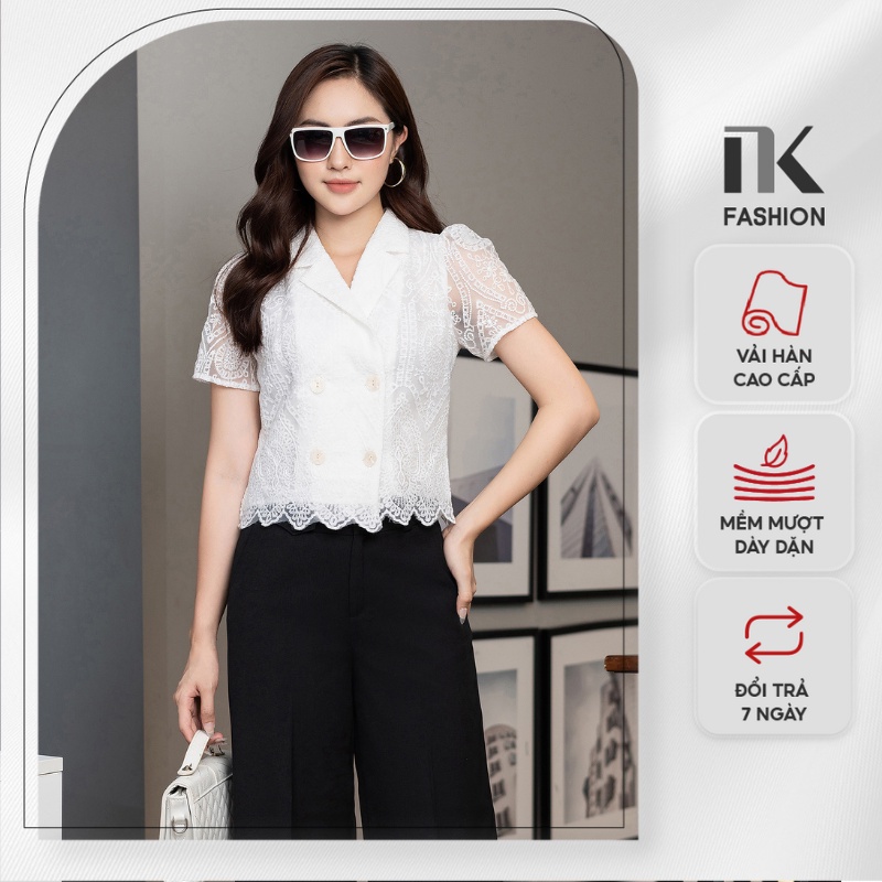 Áo Sơ Mi Ren Nữ NK Fashion Thiết Kế Giao Cúc Kết Hợp Vạt Áo Răng Cưa Hiện Đại, Trẻ Trung NKSM2202012