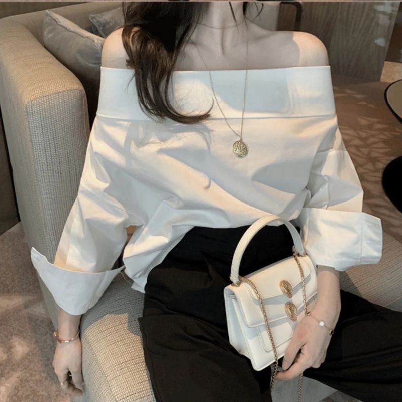 Lala.Clothing Áo sơ mi trắng trễ vai không co giãn M666
