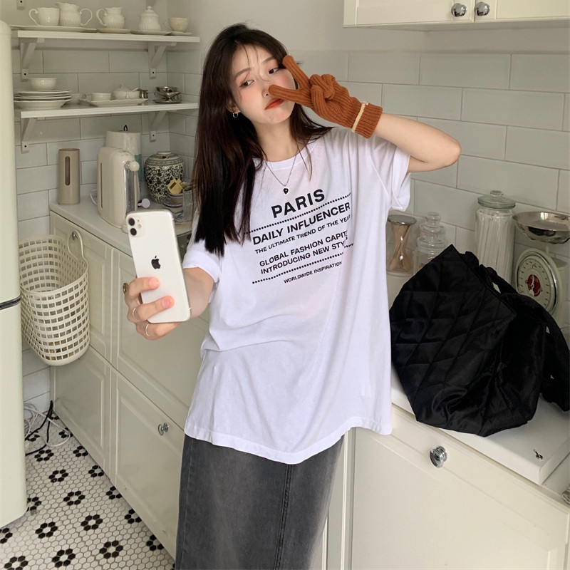 Áo Thun Tay Ngắn Form Rộng In Chữ Kiểu Dáng Đơn Giản