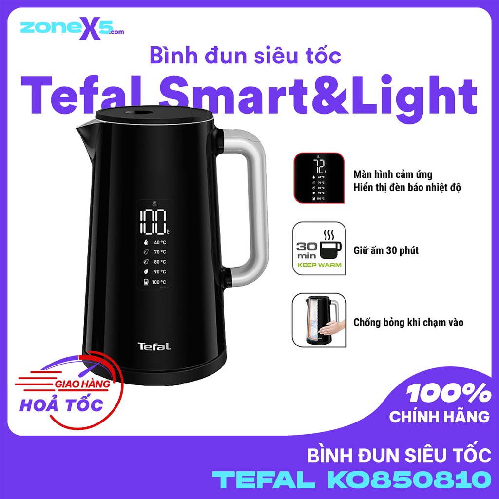 Bình đun siêu tốc Tefal Smart &amp; Light KO850810 1.7L - Tuỳ chỉnh nhiệt độ, giữ ấm 30 phút, màn hình LED hiển thị nhiệt độ