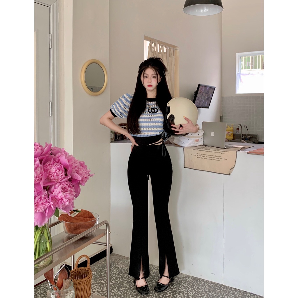 Cocory vn Áo Thun Tay Ngắn Dáng Ôm Họa Tiết Kẻ Sọc Quyến Rũ Thời Trang Mùa Hè Mới Cho Nữ