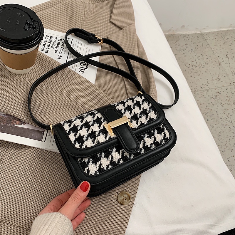 Túi đeo chéo hình vuông cỡ nhỏ họa tiết houndstooth đơn giản phong cách phương Tây sành điệu IELGY