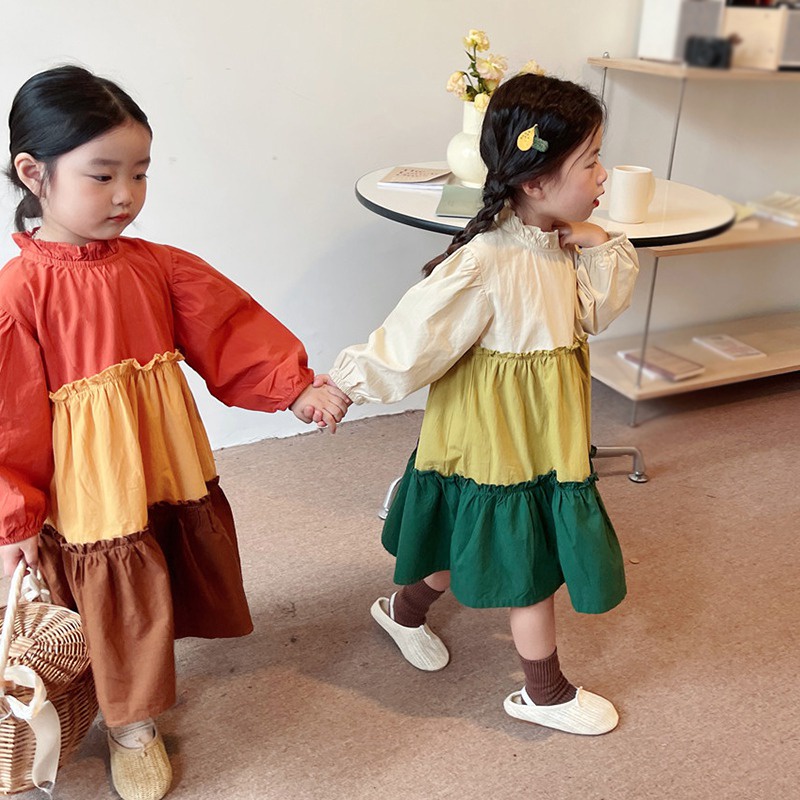 Đầm Tay Dài Cổ Nấm Phong Cách Hàn Quốc Màu Sắc Xinh Xắn Cho Bé Gái