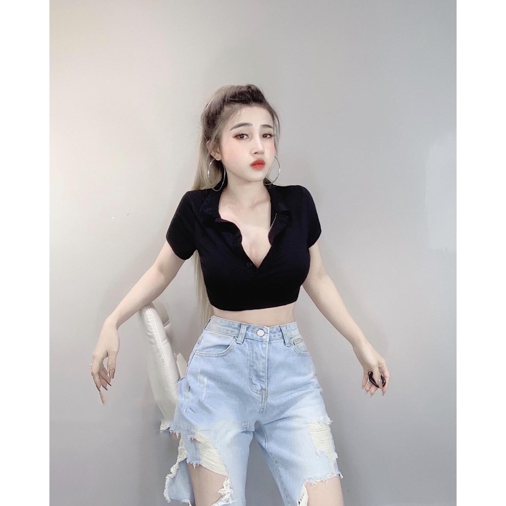 Áo thun lụa croptop cổ bẻ fom nhỏ dưới 48kg MAGB070520