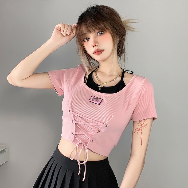 Áo Thun Crop Top Tay Ngắn Giả Hai Lớp Cột Dây Dễ Thương Cho Bạn Gái