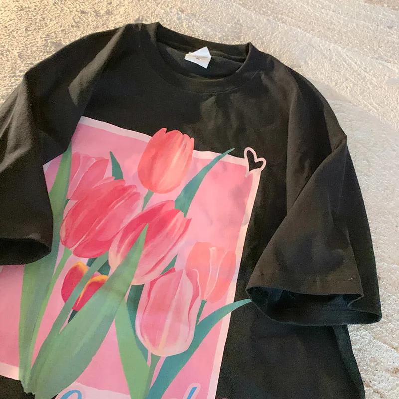 Plus Áo Thun Tay Ngắn Hoạ Tiết Hoa tulip Phong Cách retro