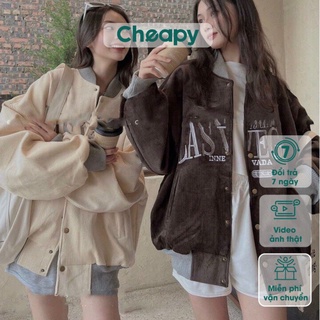 Áo bomber nhung tăm, áo khoác bomber nam nữ form rộng 2 lớp cúc bấm freesize nâu be local brand hàn quốc Cheapy C1028