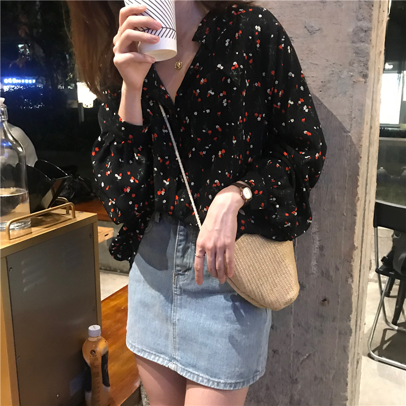 SUXI Áo sơ mi nữ dài tay in hoa xinh xắn