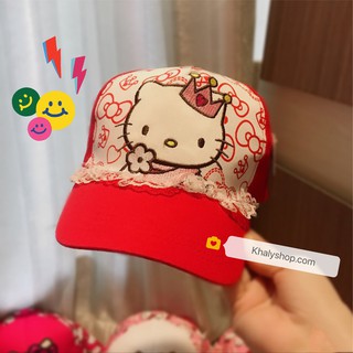 Nón kết vải kaki hình Hello Kitty viền bèo màu trắng đỏ dành cho trẻ em, học sinh bé gái - 140KT0350