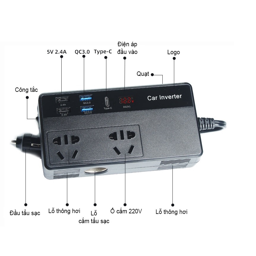 Bộ Chuyển Đổi Nguồn Điện M2012: DC 12V Sang AC 110V/220V 200W  Hỗ Trợ Cổng Type-C