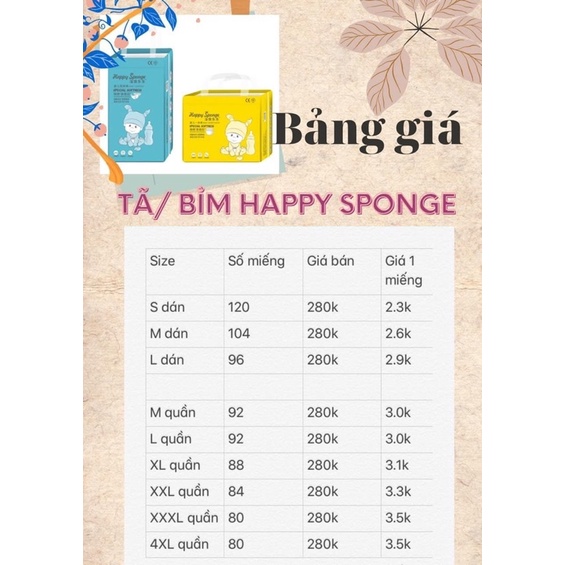 Tã bỉm dán/ quần nội địa Trung hiệu Happy Sponge S120/M104/L92/XL88/XXL84/XXXL80/XXXXL80