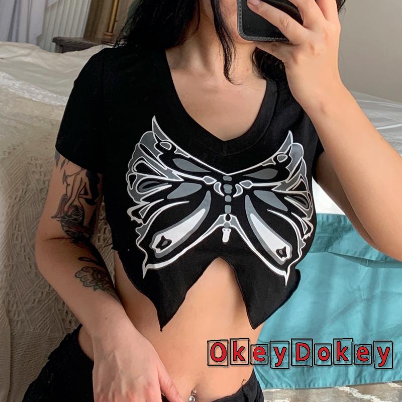 OKDK-y2k Women Sexy Crop Tops V-neck Short Sleeve Butterfly Pattern Print Irregular Hem T-shirt