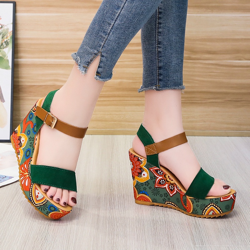 Sandal đế bằng hở ngón tăng chiều cao phong cách Bohemian thời trang đi biển thanh lịch cho nữ