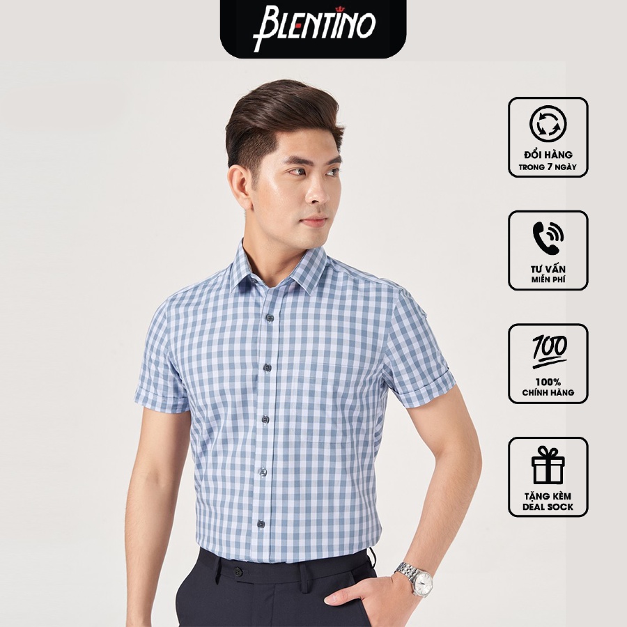 Blentino áo sơ mi nam kẻ cộc tay BCV16