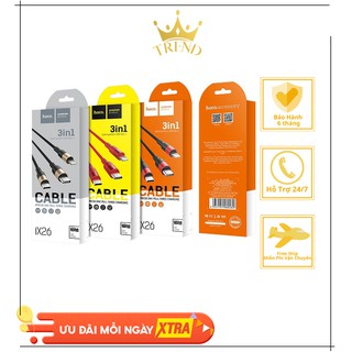 Cáp sạc 3 đầu - chính hãng hoco - dây dù, lõi đồng , bh 12 tháng