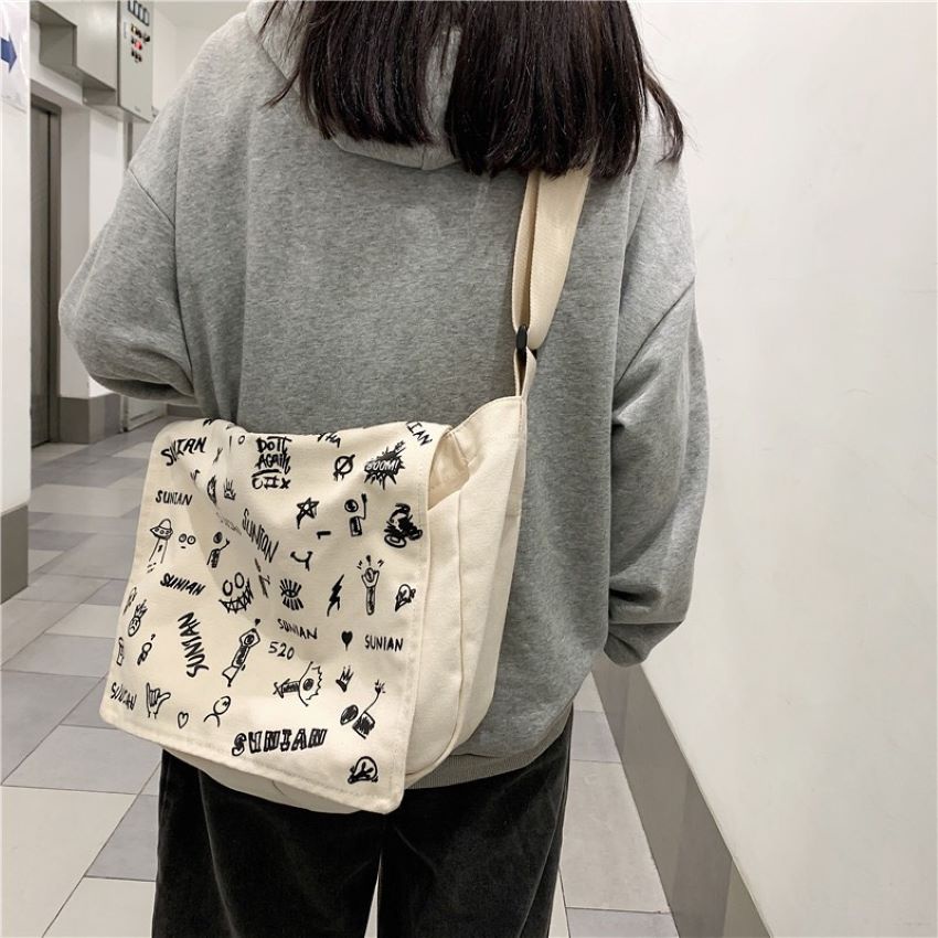 Túi tote vải canvas đeo chéo đựng đồ tiện lợi phong cách Hàn Quốc