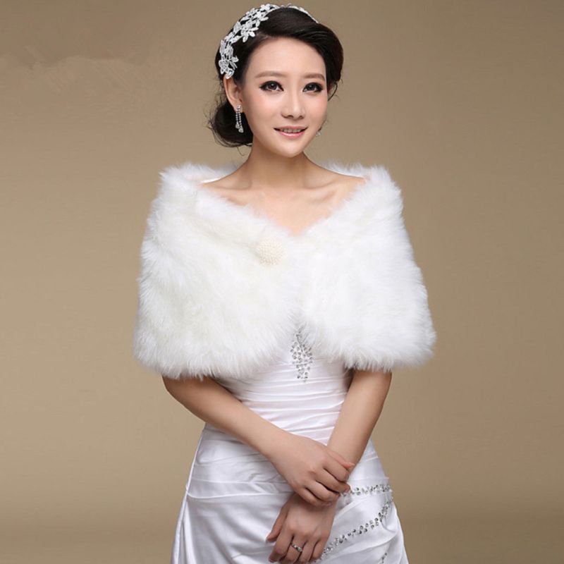 Womens White Faux Fur Bridal Wrap Stole Shawl Cape Wedding Pearl Ball Embellishment Coat Shrug