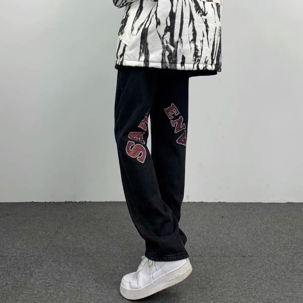 Quần Jean Dài Dáng Rộng In Chữ Phong Cách Hip Hop Đường Phố Mỹ Cá Tính Cho Nam